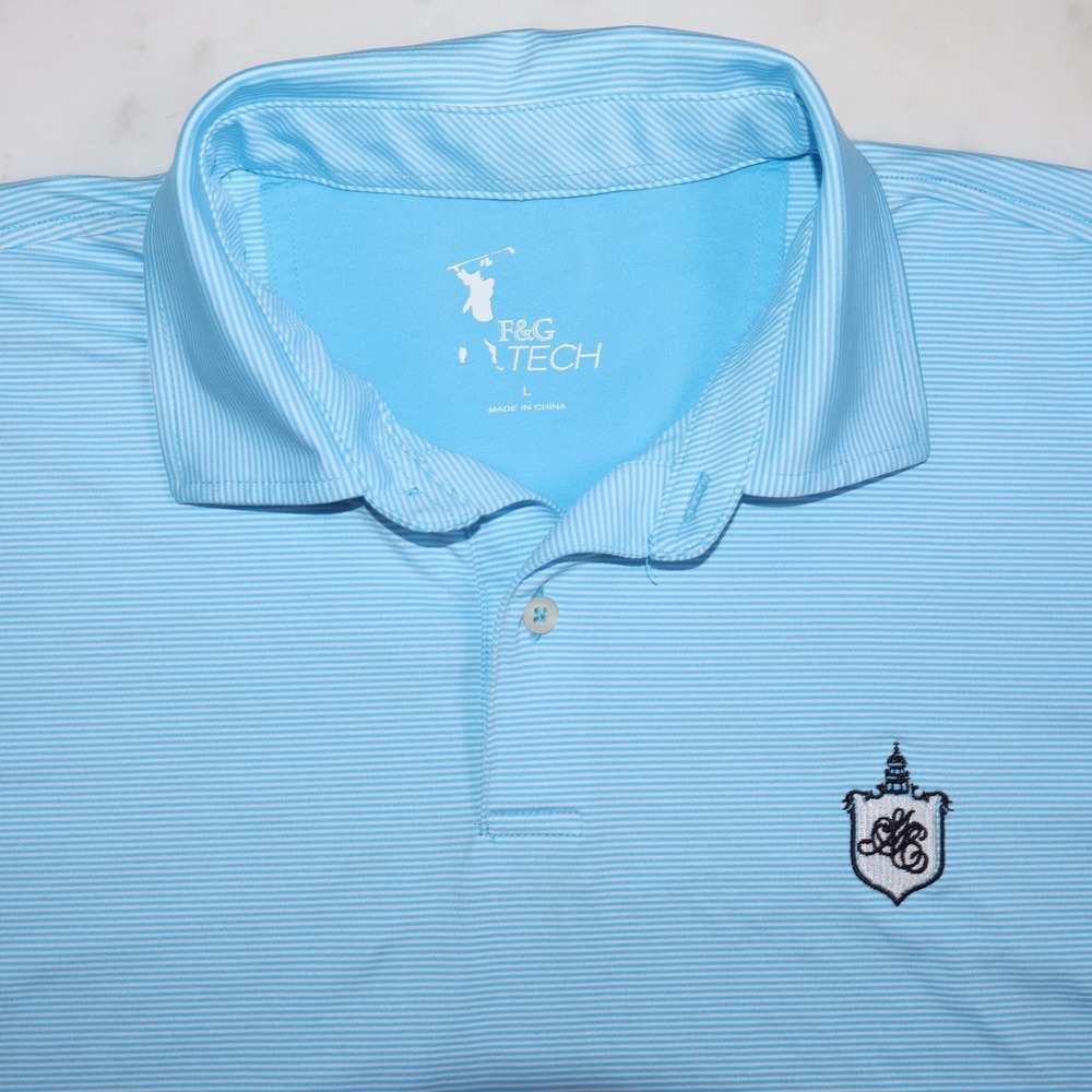 F&G Tech Mens Blue Striped Governors Club North Carolina Golf Polo Shirt L
